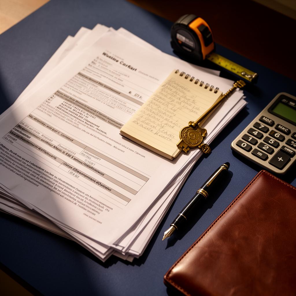 Contracts, key and notebook on a desk